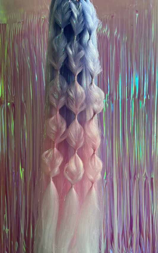 Purple Pink White Ombre Ponytail Extensions w/ Iridescent Tinsel